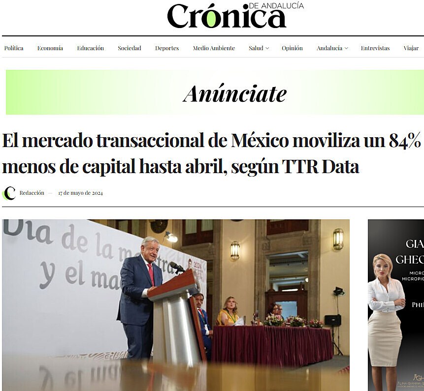 El mercado transaccional de Mxico moviliza un 84% menos de capital hasta abril, segn TTR Data